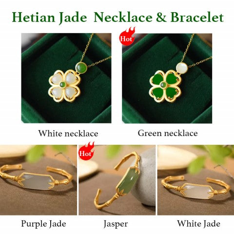 Vietnam Sand Gold Hetian Jade Four-Leaf Clover Necklace And Bracelet